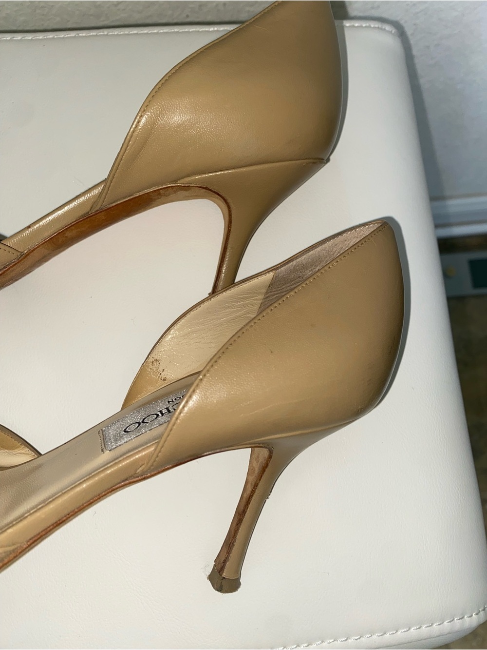Jimmy Choo Logan Beige Leather Peep-Toe Pumps Sz 36.5/6.5 DAMAGED HEEL PROJECT - Picture 6 of 14
